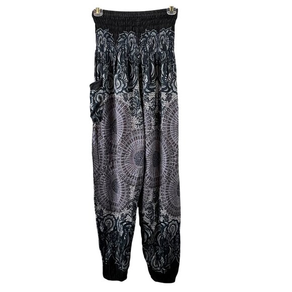 Boho Hippie Wide Leg Tapered Pants S Paisley Mandala Smocked Blue Loose Flowy - Picture 1 of 7